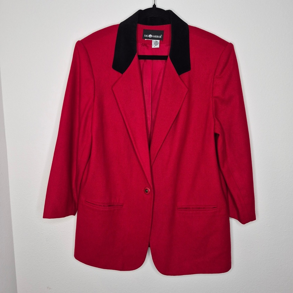 Sag Harbor Vintage Red Wool Blazer Velvet Collar Academia Power Dressing L/XL